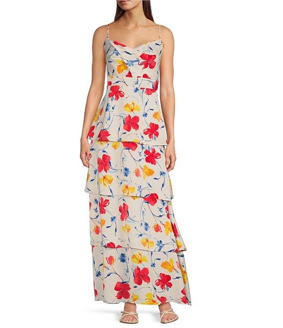 Anne Klein Satin Floral Print V-Neck Sleeveless Tiered A-Line Maxi Dress Product Image