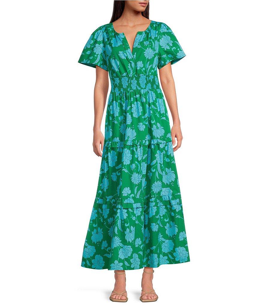 Sugarlips Palmer Floral Print V-Neck Short Sleeve Tiered Poplin Maxi Dress Product Image