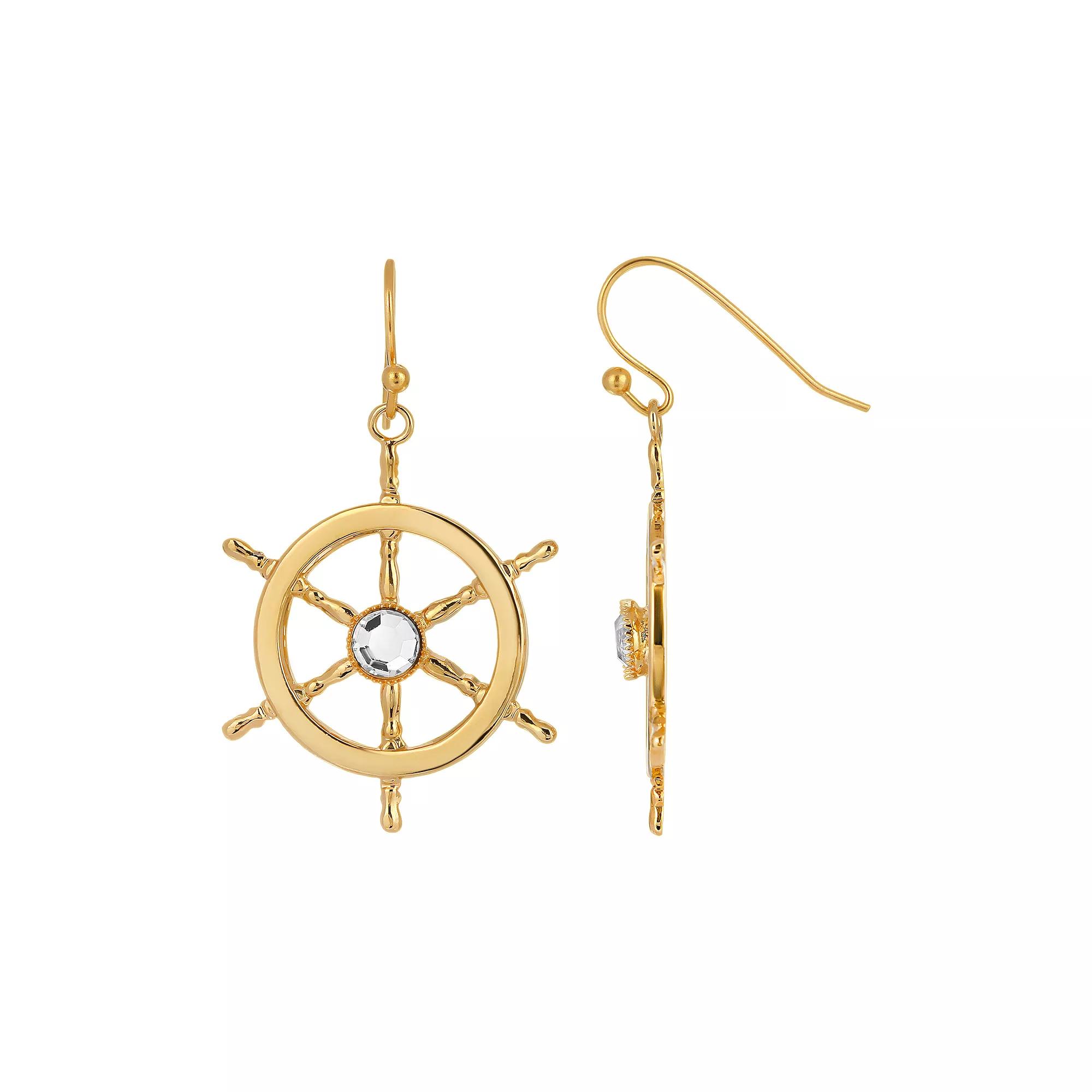 1928 Gold Tone Crystal Center Boat Wheel Drop Earrings, Womens, Yellow Product Image