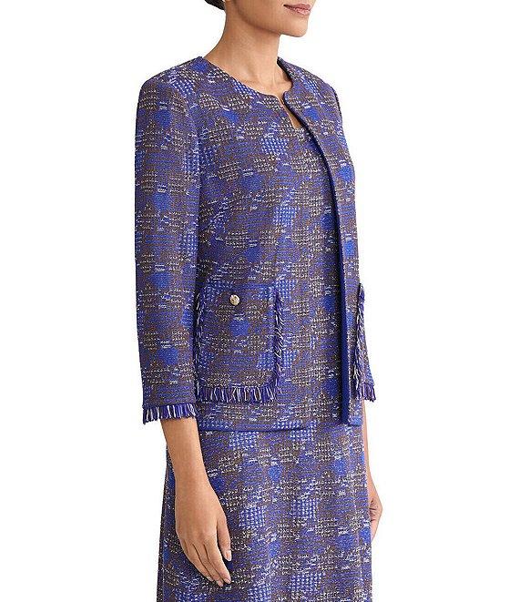 Ming Wang Petite Size Fringe Tweed Knit Round Neck Bracelet Sleeve Jacket Product Image