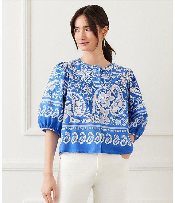 Karen Kane Crew Neck Short Sleeve Floral Paisley Printed Blouse Product Image