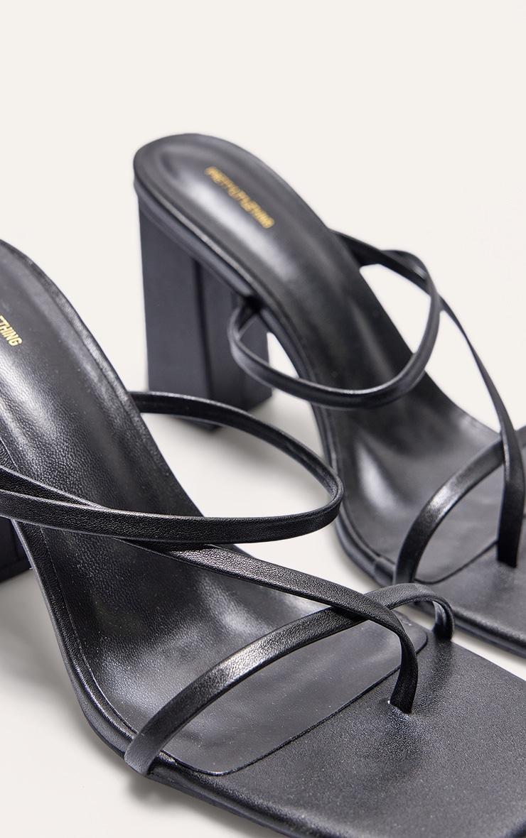 Black PU Toe Loop Strappy Block Heeled Mules Product Image