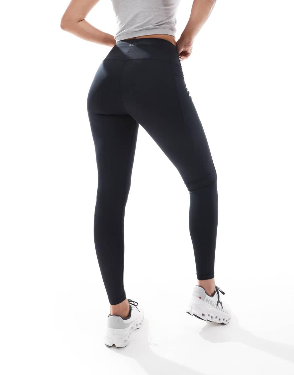 4505 Hourglass Icon running tie waist gym leggings with phone pocket in black  Product Image