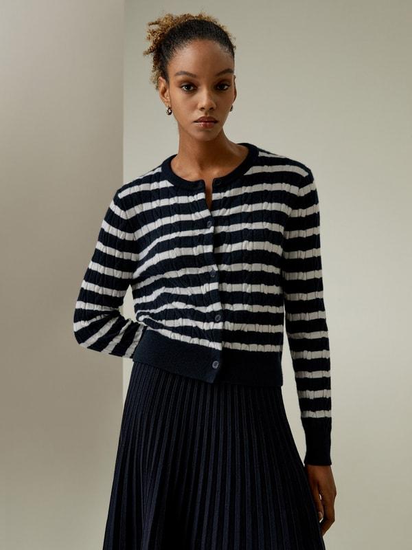 Striped Cable-Knit Cashmere Cardigan Product Image