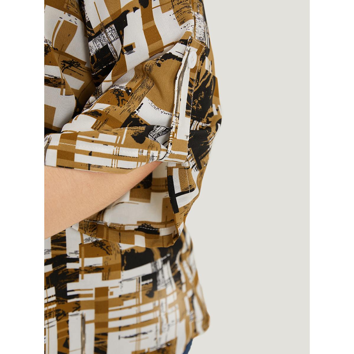 Plus Size Bronze Graphic Print Notched Button Detail Cuffed Sleeve Blouse Women Office Elbow-length sleeve Notched collar Office Blouses BloomChic 28/5X Product Image