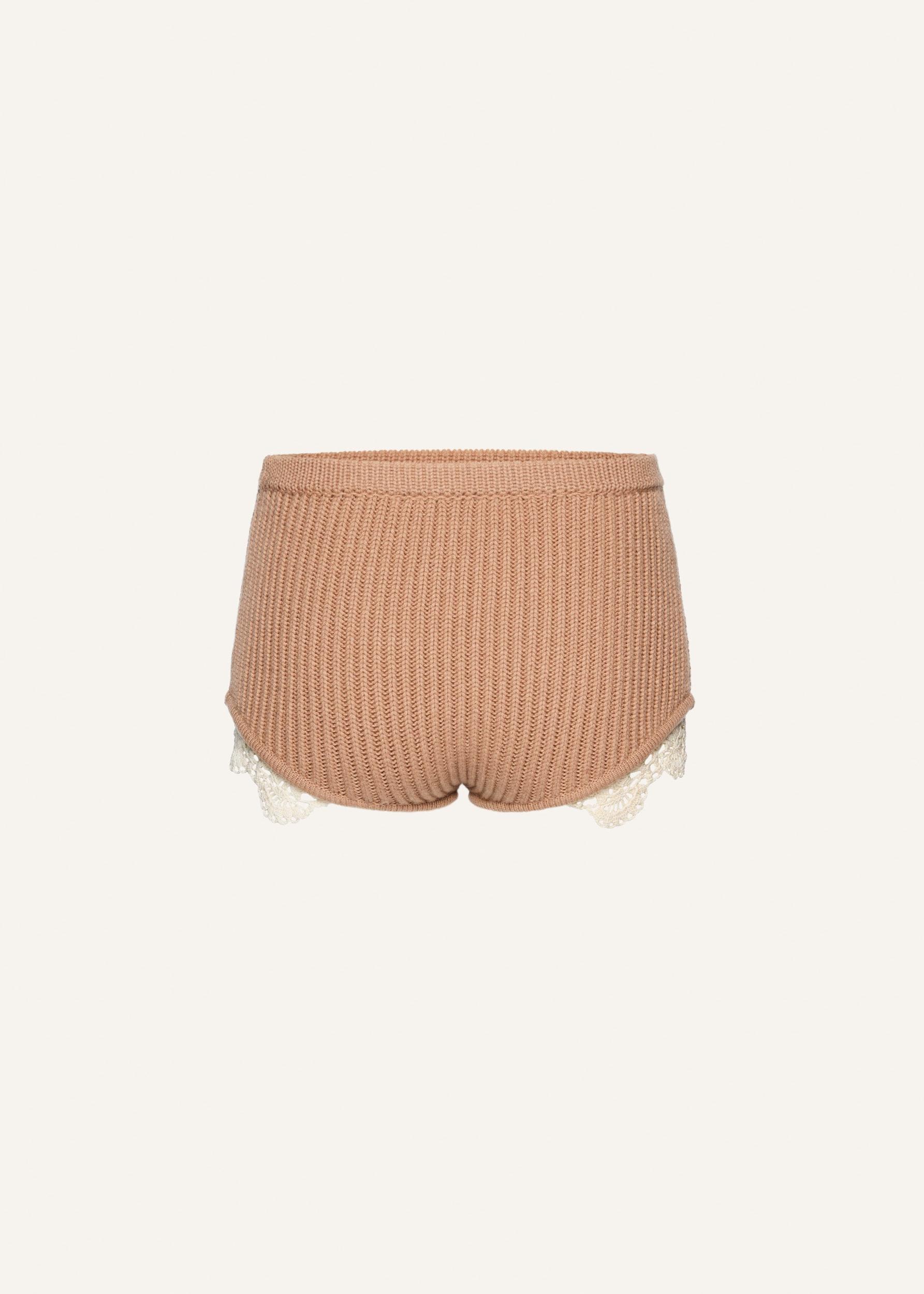 Lace detail ribbed knitwear shorts in caramel Product Image