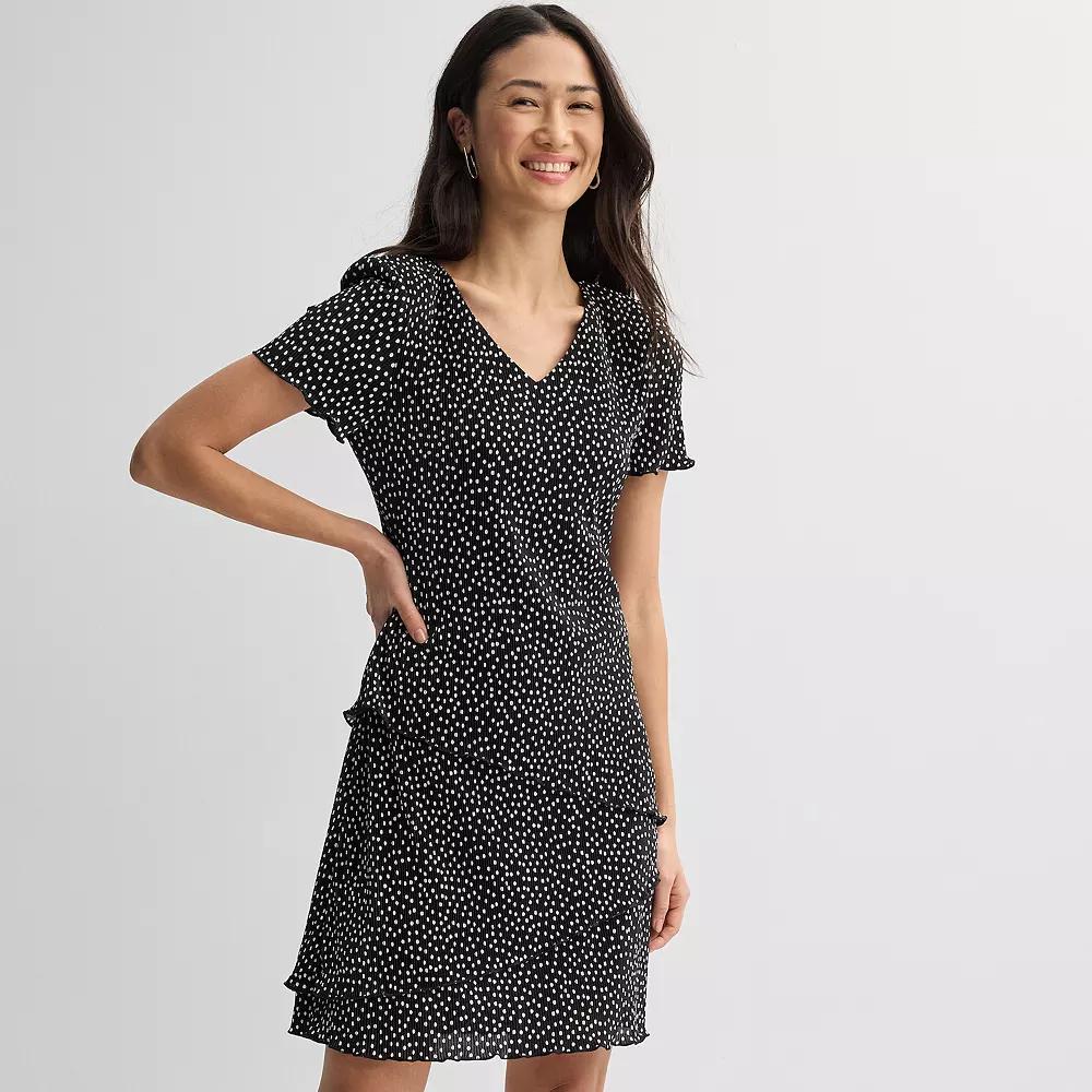 Women's Studio Connection Short Sleeve V-Neck Pleated Tiered Mini Dress, Size: 12, Black Ditsy Product Image