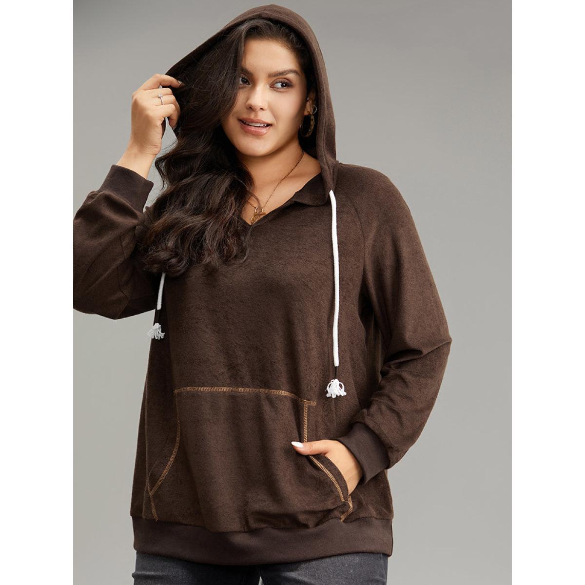 Plus Size Stitch Tassels Drawstring Hooded Sweatshirt Women DarkBrown Casual Elastic cuffs Hooded Dailywear Sweatshirts BloomChic 26/4X Product Image
