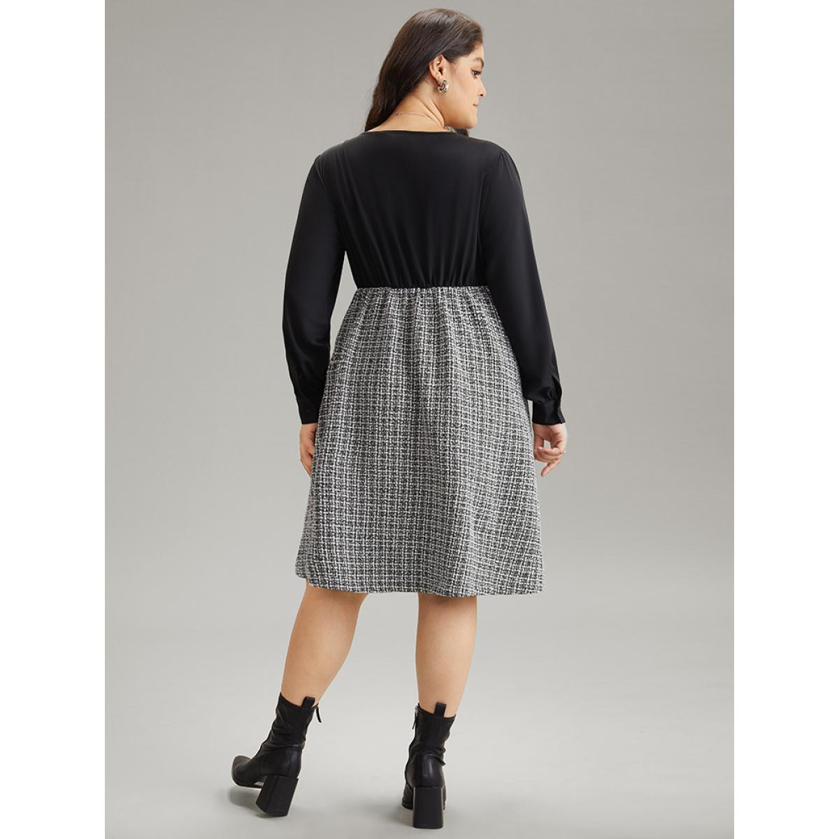 Plus Size Gingham Coarse Tweed Pocket Overlap Collar Dress Black Women Elegant Texture Overlap Collar Long Sleeve Curvy Midi Dress BloomChic 12/L Product Image