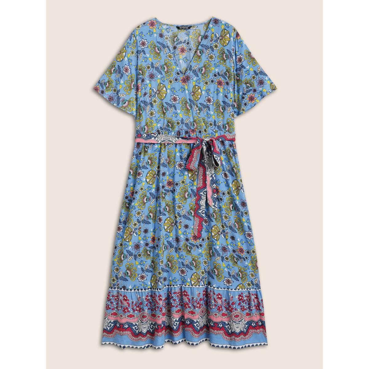Plus Size Rayon Boho Print Overlap Collar Dress Mediumblue Women Resort Belted Overlap Collar Short sleeve Curvy BloomChic 18-20/2X Product Image