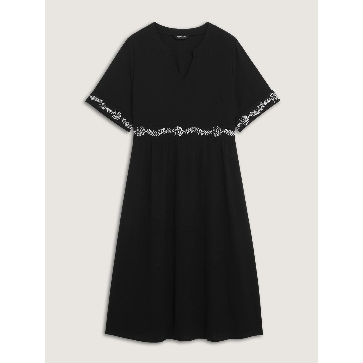 Plus Size Embroidered Shirred Waist-Defining Maxi Dress Black Women Boho Embroidered Flat collar with V-notch Short sleeve Curvy BloomChic 12/L Product Image