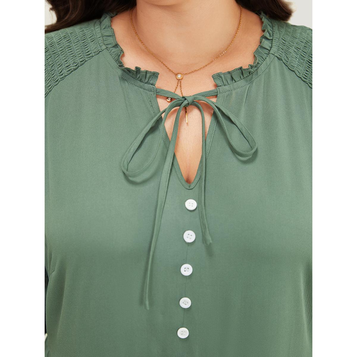 Plus Size Plain Frill Trim Button Detail Pocket Ruffles Shirred Sleeve Dress Mint Women Elegant Frill Trim V-neck Half Sleeve Curvy Midi Dress BloomChic 22-24/3X Product Image