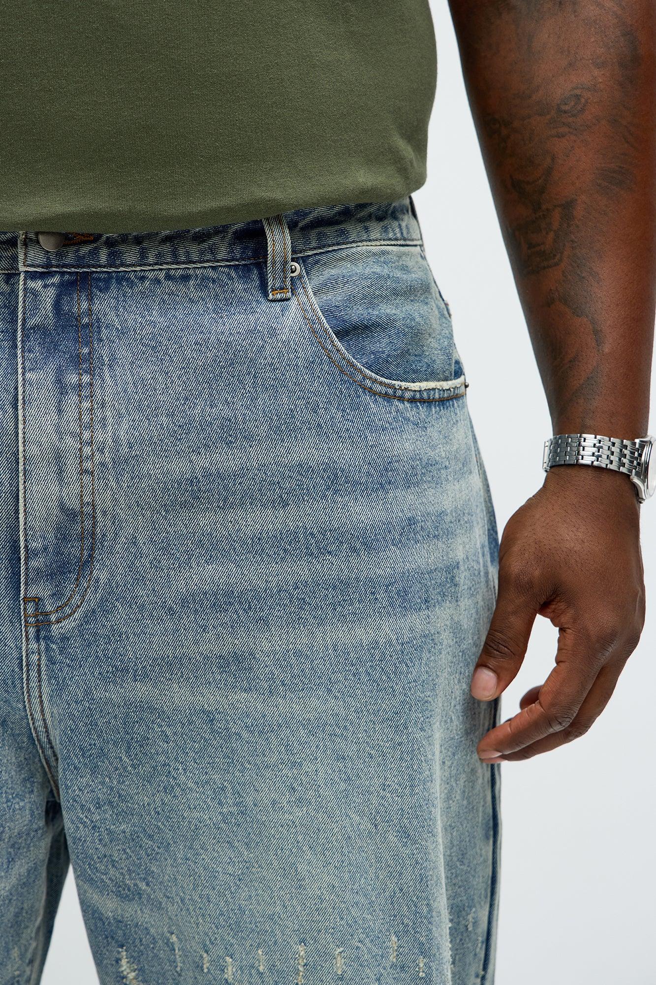 Baggy Scattered Distressed Jeans - Medium Blue Wash Male Product Image