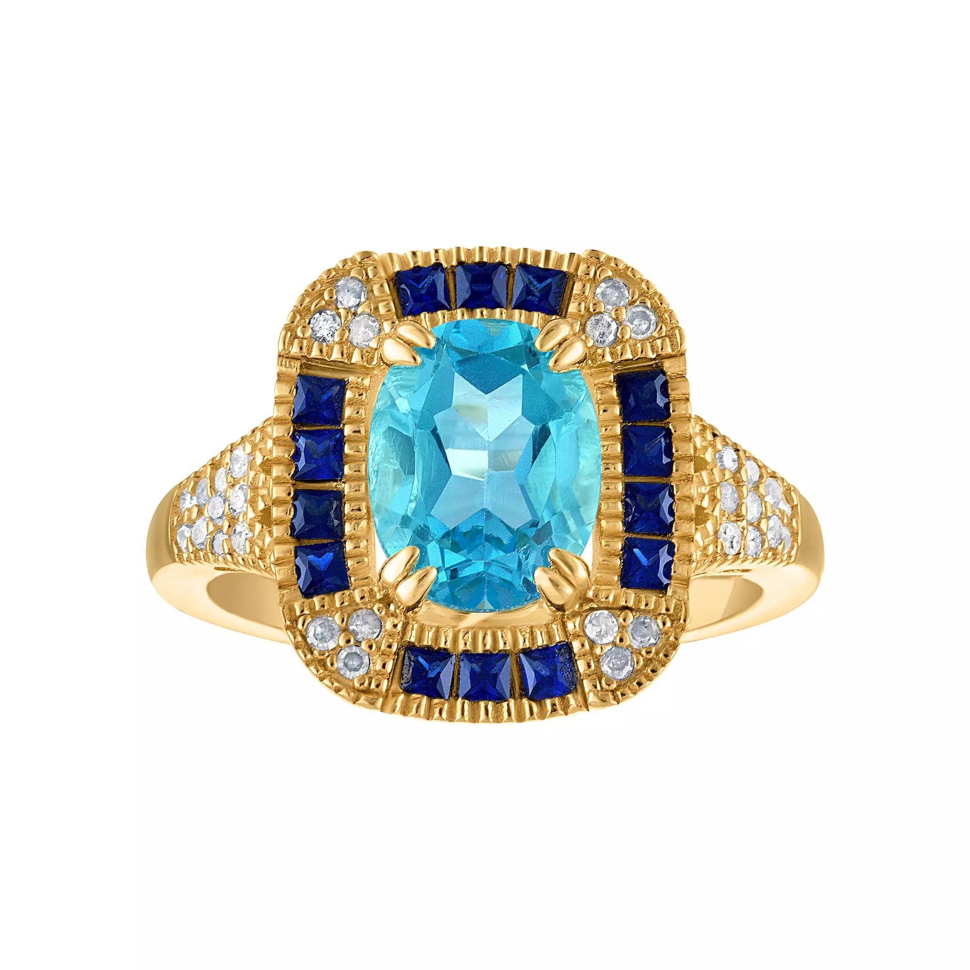 Tiara 14k Gold Plated Sterling Silver Blue Topaz & 1/6 Carat T.W. Diamond Ring, Women's, Size: 10, Gold Tone Product Image