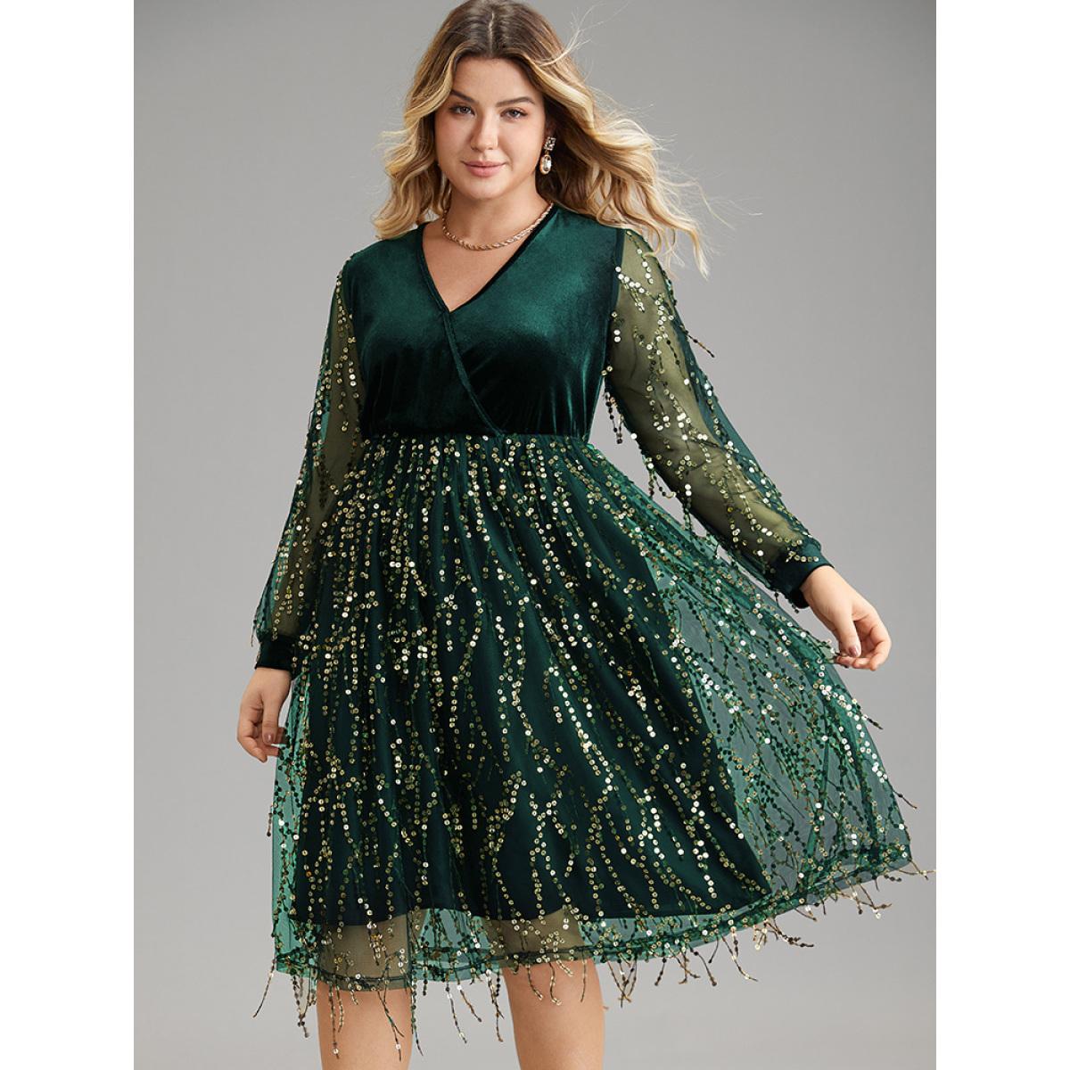 Plus Size Velvet Sequin Tassels Mesh Surplice Neck Dress Green Women Cocktail Sequin Overlap Collar Long Sleeve Curvy Midi Dress BloomChic 10/M Product Image
