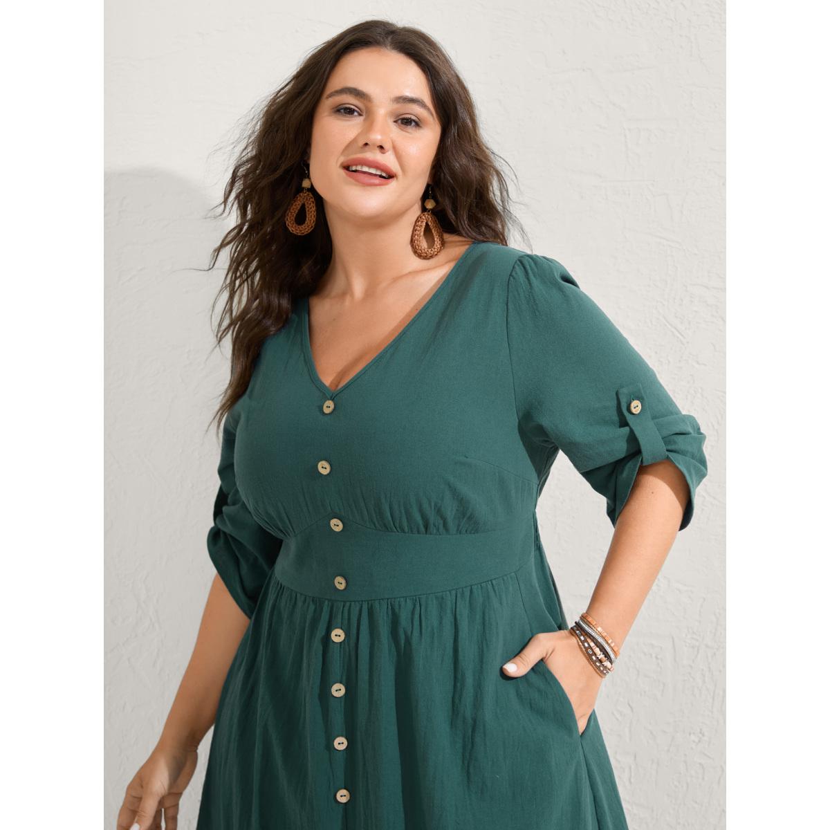 Plus Size Pure Cotton Button Gathered Sleeve Midi Dress Teal Women Boho Gathered V-neck Elbow-length sleeve Curvy BloomChic 26/4X Product Image