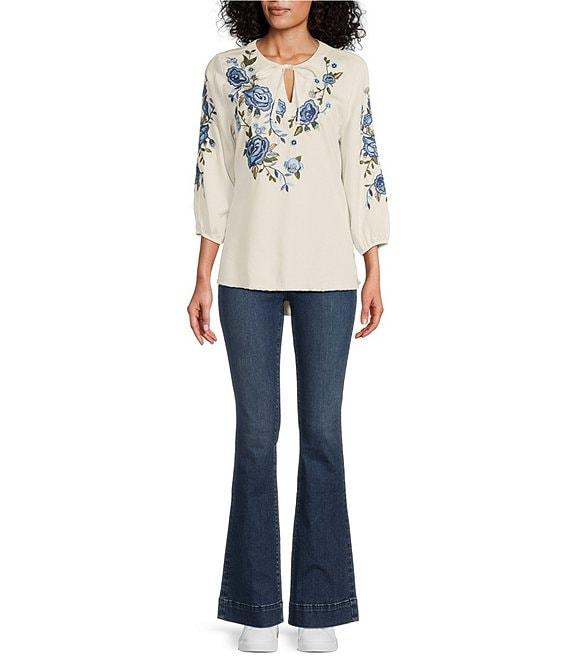 Reba Floral Embroidered 3/4 Sleeve Tie Split V-Neck Frayed High-Low Hem Peasant Tunic Product Image