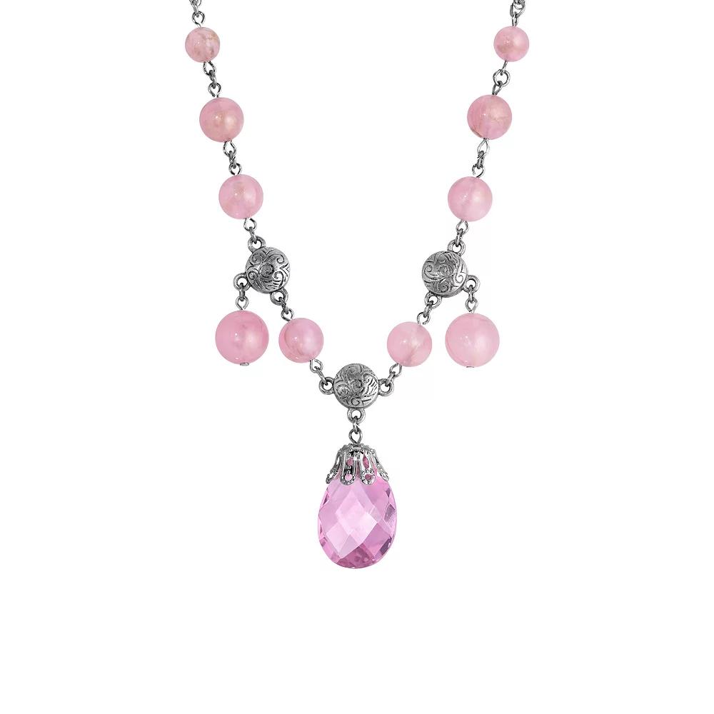 1928 Silver-Tone Pink Briolette Round Crystal Bead Adjustable Necklace, Women's Product Image