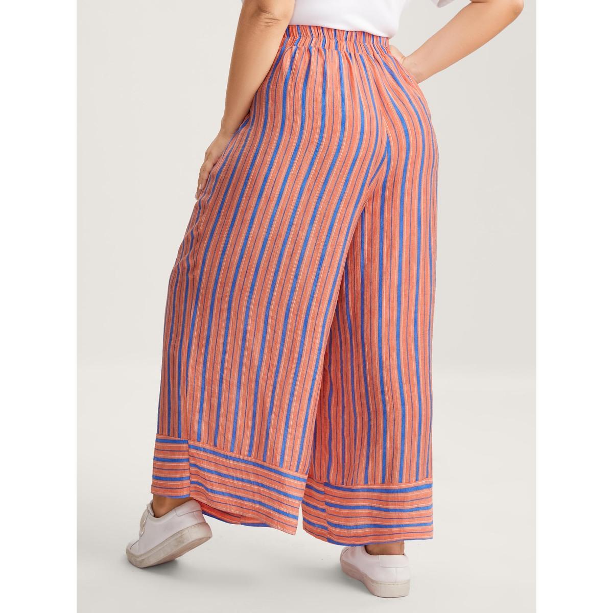Plus Size Soft Stripes Stretchy Waist Wide-Leg Pants Women Coral Casual Wide Leg Mid Rise Everyday-Casual Pants BloomChic 22-24/3X Product Image