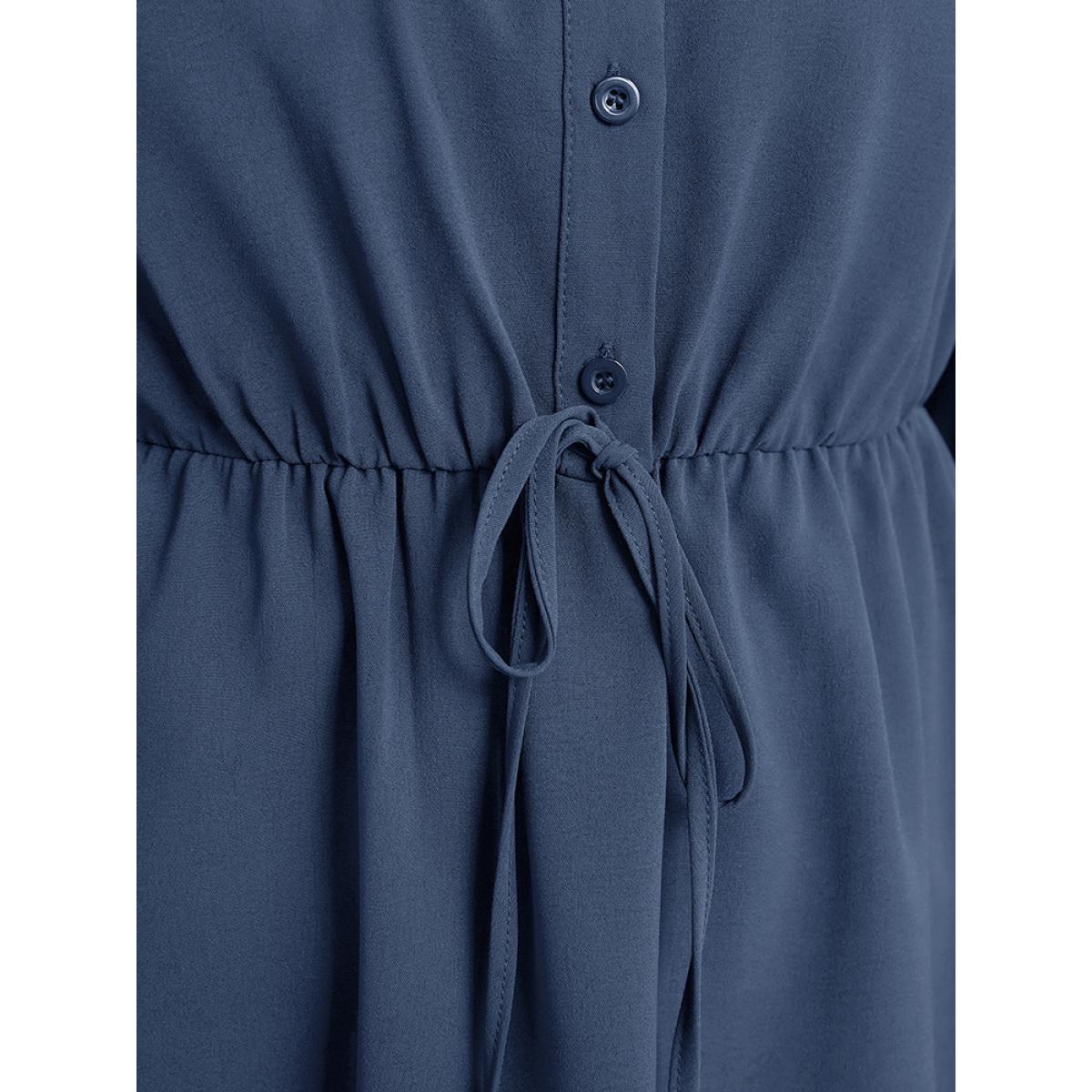 Plus Size Stone Plain Knotted Cuffed Sleeve Ruffles Asymmetrical Hem Blouse Women Office Elbow-length sleeve Shirt collar Work Blouses BloomChic 10/M Product Image