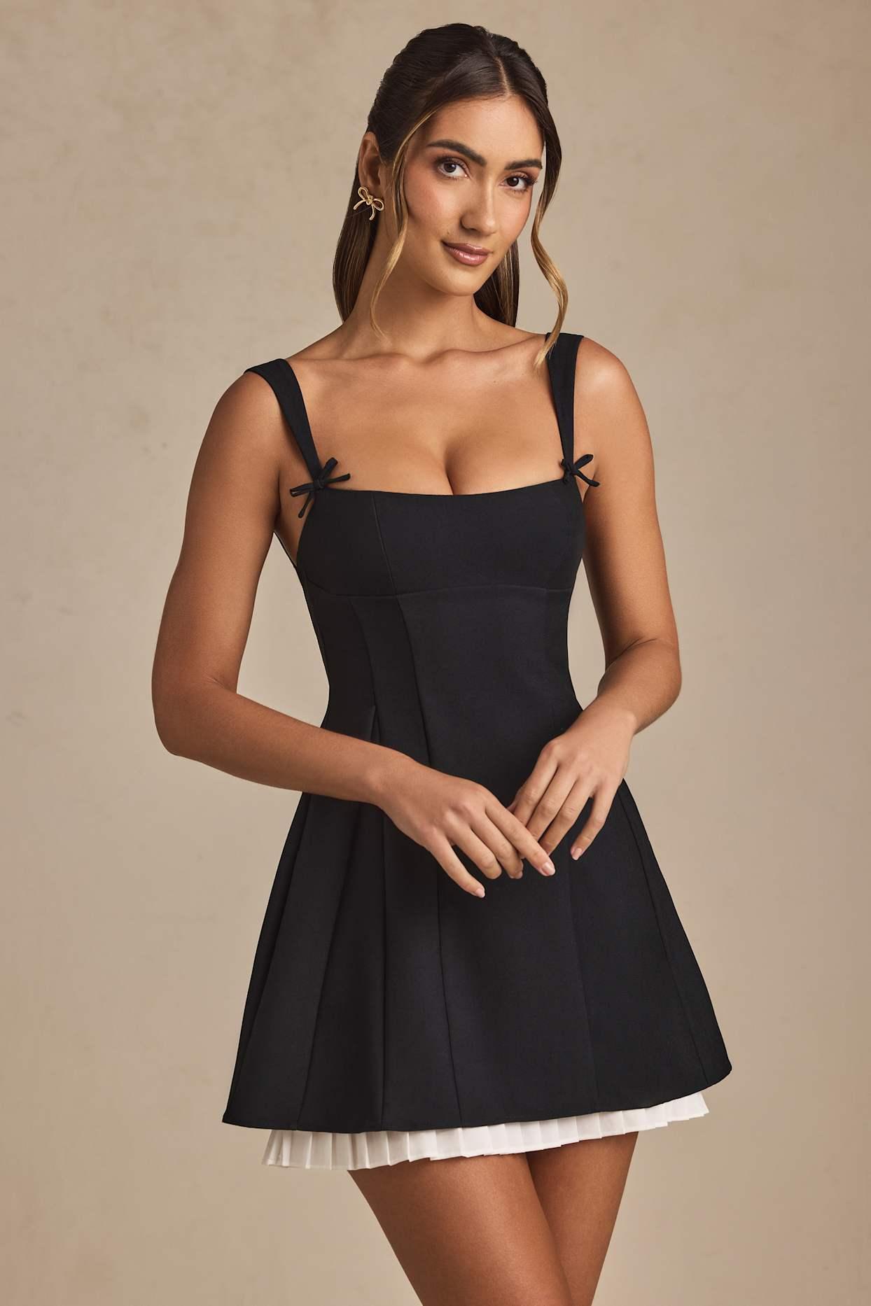 Bow-Detail Pleated A-Line Mini Dress in Black Product Image