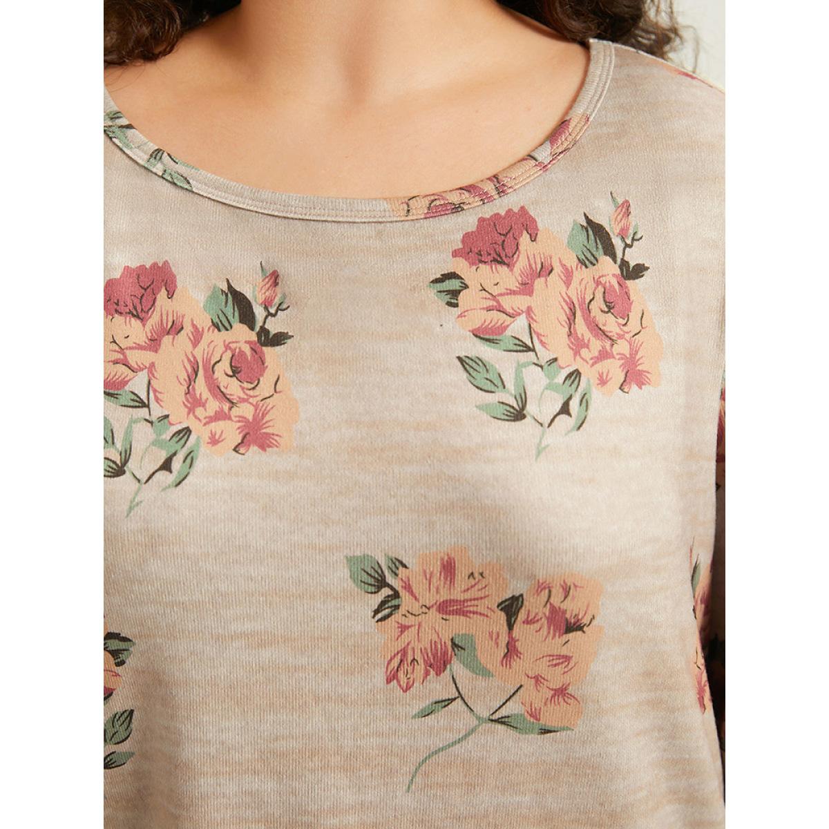 Plus Size Floral Print Crew Neck Heather T-shirt Tan Women Casual Printed Floral Round Neck Dailywear T-shirts BloomChic 10/M Product Image