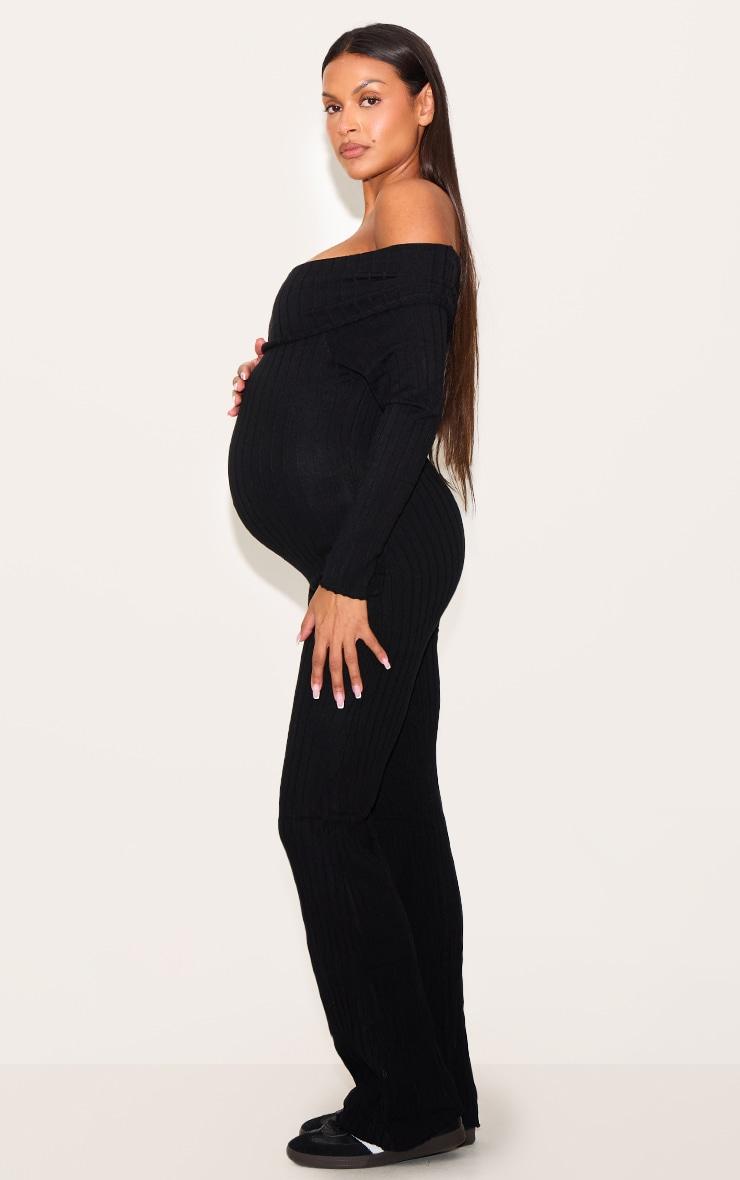 Maternity Black Knitted Bardot Wide Leg Jumpsuit Product Image