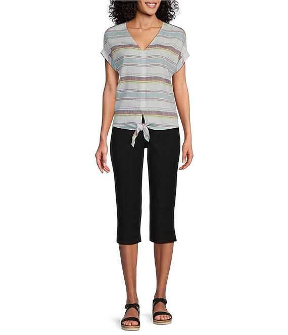 Westbound Petite Size Meadow Stripe Short Sleeve V-Neck Tie Front Top Product Image