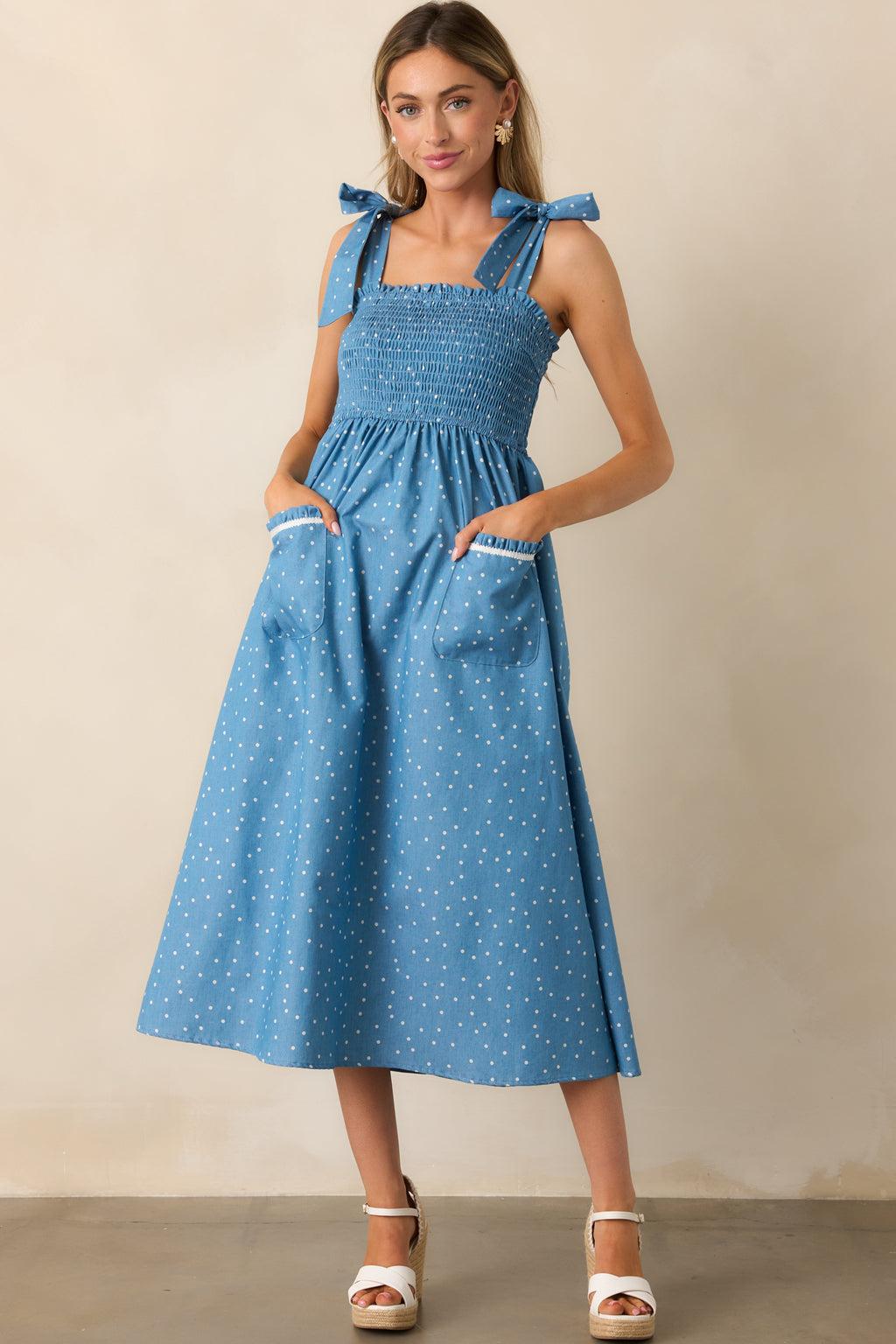 Picnic in The Park Blue Polka Dot Midi Dress Product Image