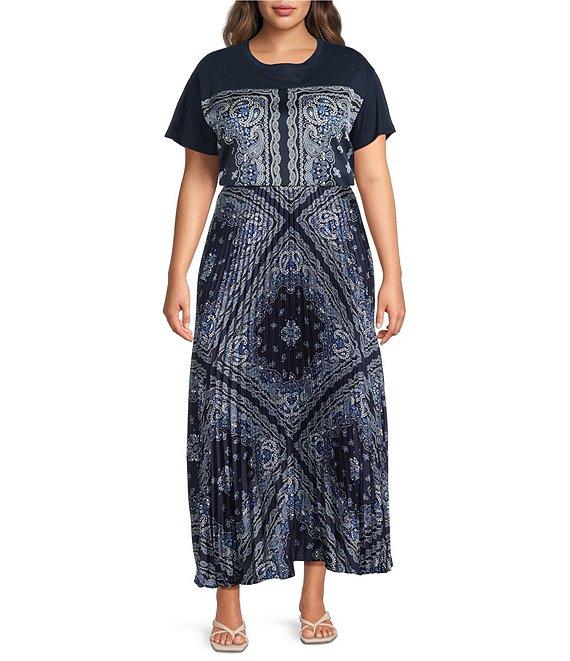 Skies Are Blue Plus Size Scarf Print Crew Neck Short Sleeve Mixed Media Top Product Image
