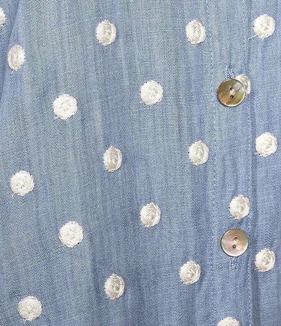 John Mark Petite Size Woven Embroidery Dot Wire Collar 3/4 Ruched Cinched Tie Sleeve Button Front Blouse Product Image