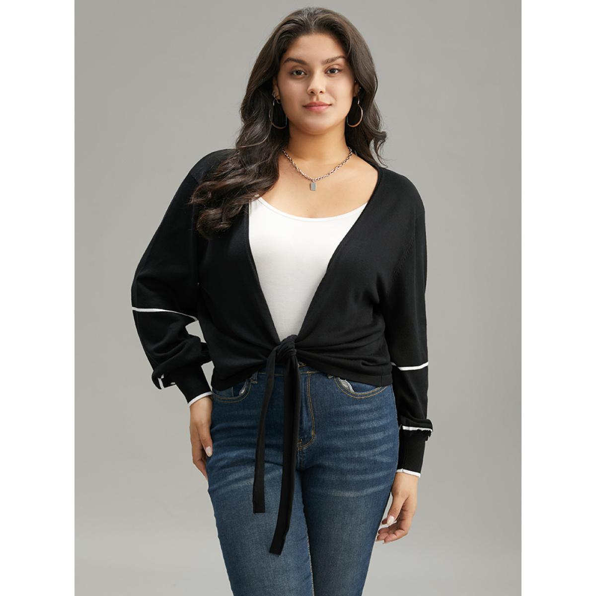 Plus Size Supersoft Essentials Striped Contrast Ties Lantern Sleeve Cardigan Black Women Casual Loose Long Sleeve Dailywear Cardigans BloomChic 14-16/1X Product Image