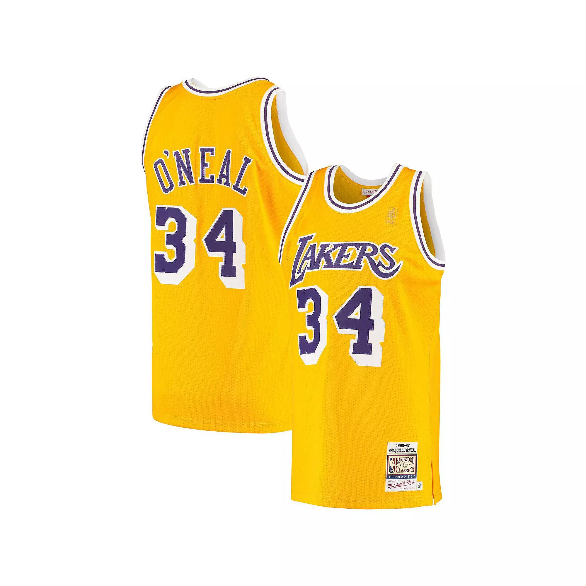 Men's Mitchell & Ness Shaquille O'Neal Gold Los Angeles Lakers 1996/97 Hardwood Classics Authentic Jersey, Size: 36 Product Image