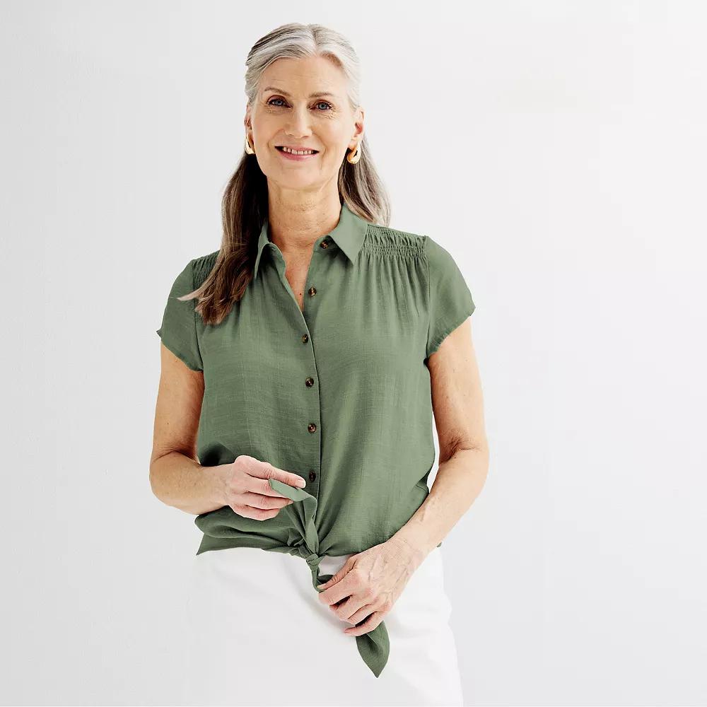 Petite Croft & Barrow® Tie Front Top, Women's, Size: XS Petite, Manolo Green Product Image