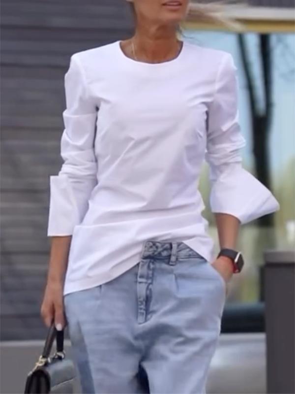 Long Sleeves Loose Solid Color Round-Neck T-Shirts Tops Product Image