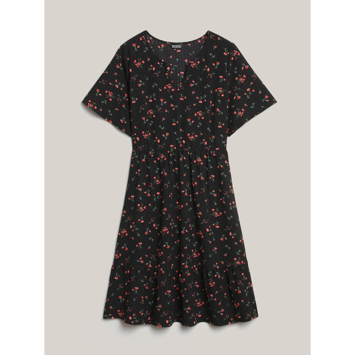 Plus Size Floral Flared Sleeve Tiered Midi Dress Black Women Elegant Texture Notched collar Short sleeve Curvy BloomChic 12/L Product Image