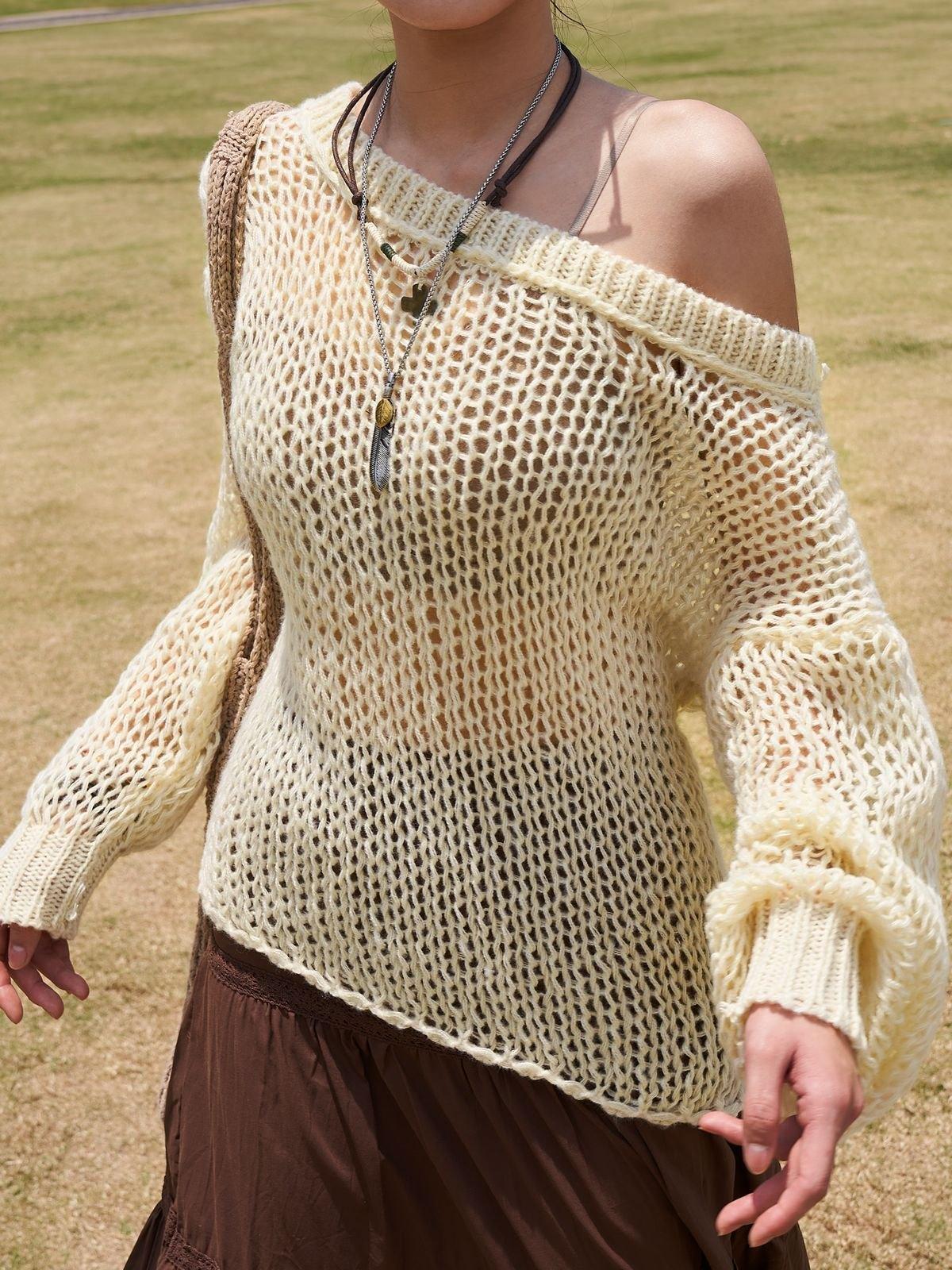 Crochet Hollow Long Sleeve Knit Top Product Image
