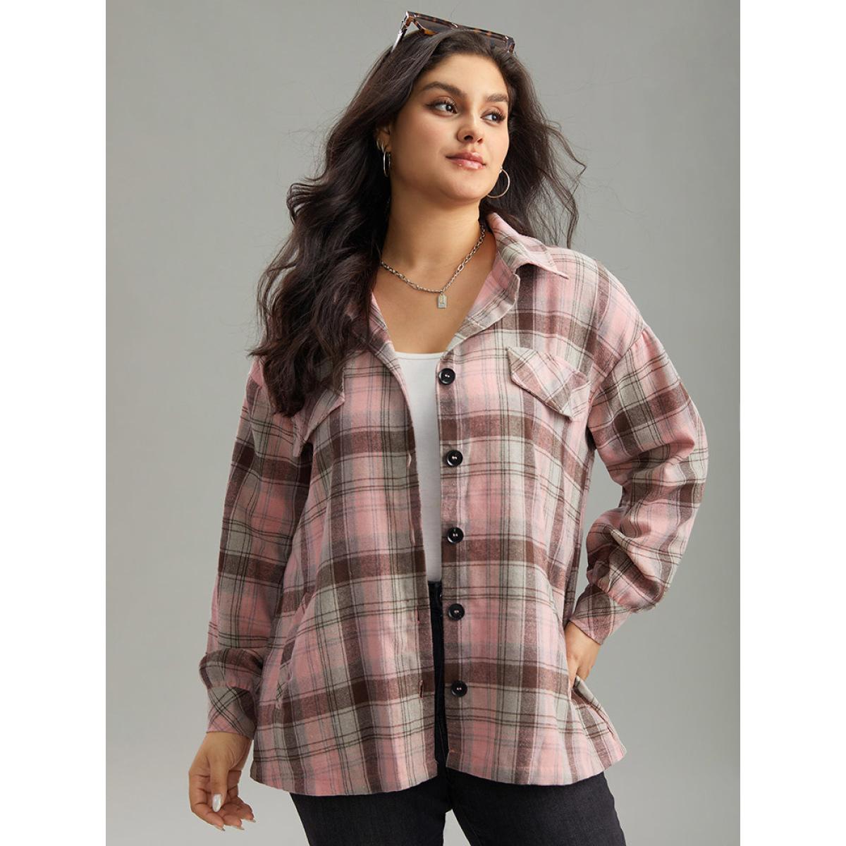 Plus Size Plaid Contrast Flap Pocket Button Fly Shacket Women Watermelon Casual Contrast Ladies Dailywear Winter Coats BloomChic 30/6X Product Image