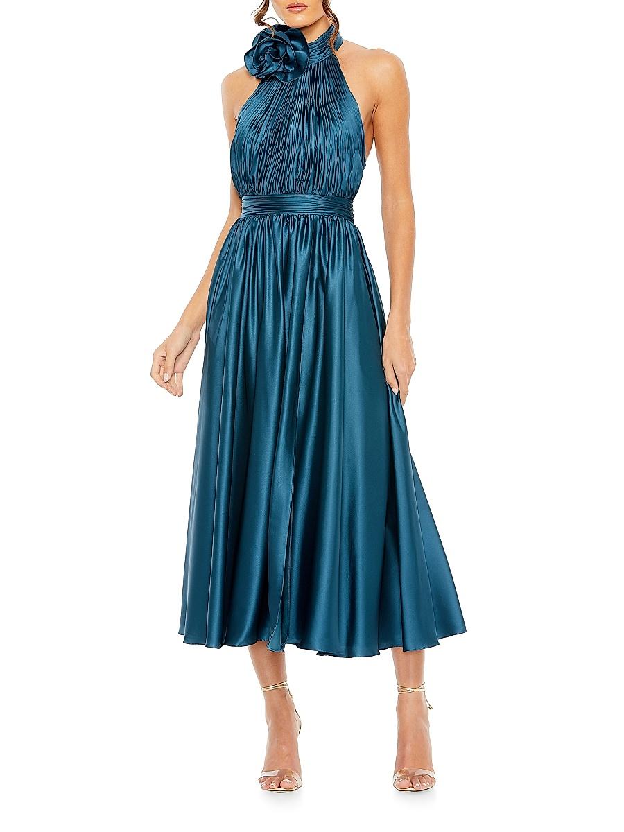 Womens Satin Halter Rosette Midi-Dress Product Image