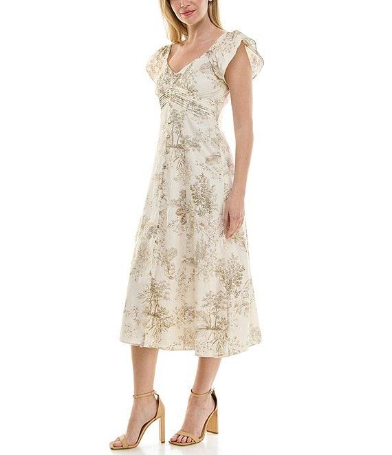 Moda Tara Short Flutter Sleeve Toil Print A-Line Midi Dress Product Image