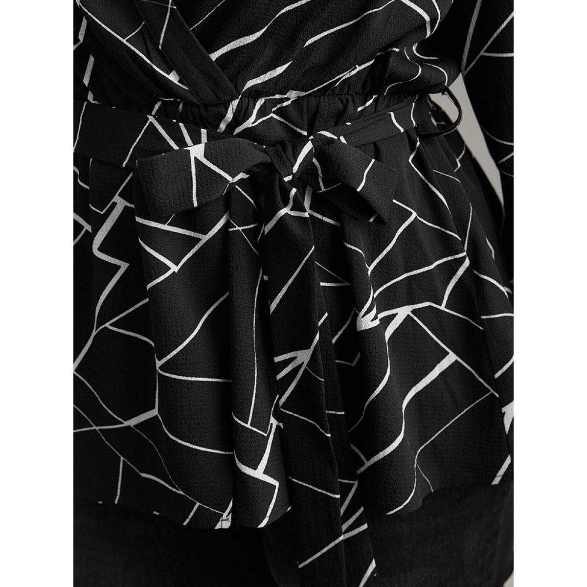 Plus Size Black Geometric Print Tab Sleeve Belted Wrap Blouse Women Office Long Sleeve V-neck Office Blouses BloomChic 30/6X Product Image