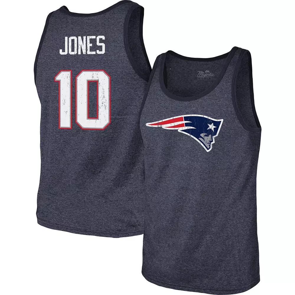 Men's Majestic Threads Mac Jones Heathered Navy New England Patriots Player Name & Number Tri-Blend Tank Top, Size: XL, Blue Product Image