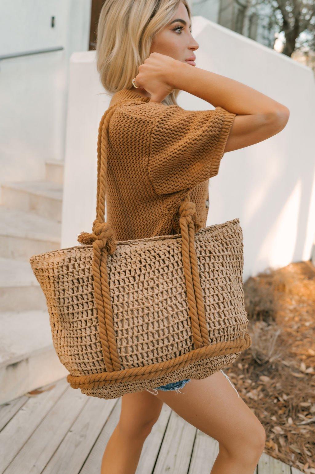 Khaki Straw Braided Tote Bag Product Image