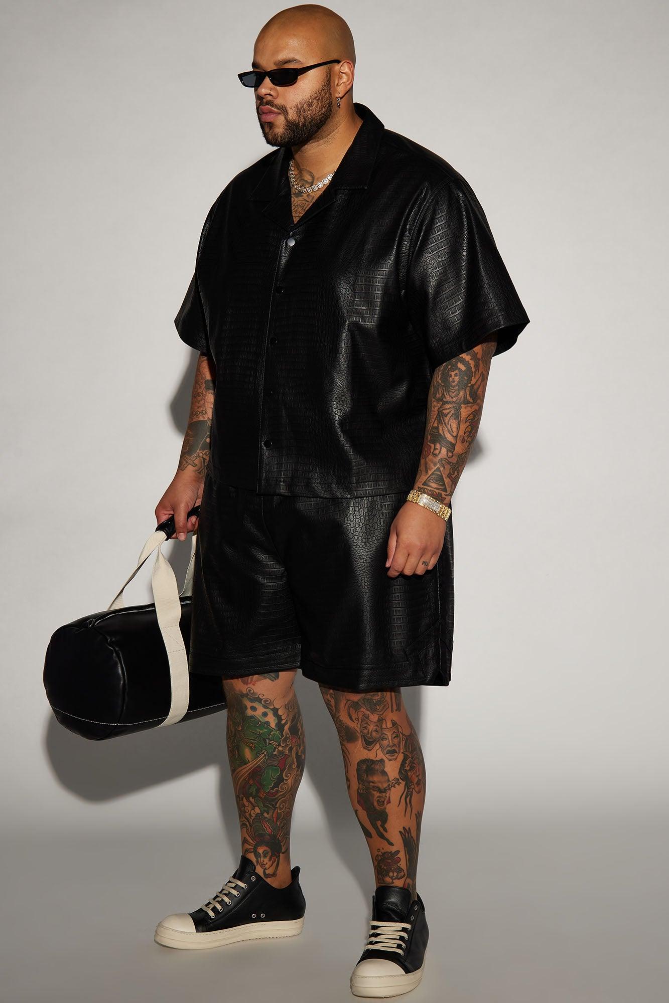 Gotta Run Faux Croc Leather Cropped Button Up Shirt - Black Product Image