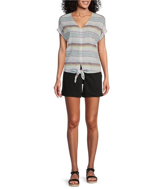 Westbound Petite Size Meadow Stripe Short Sleeve V-Neck Tie Front Top Product Image