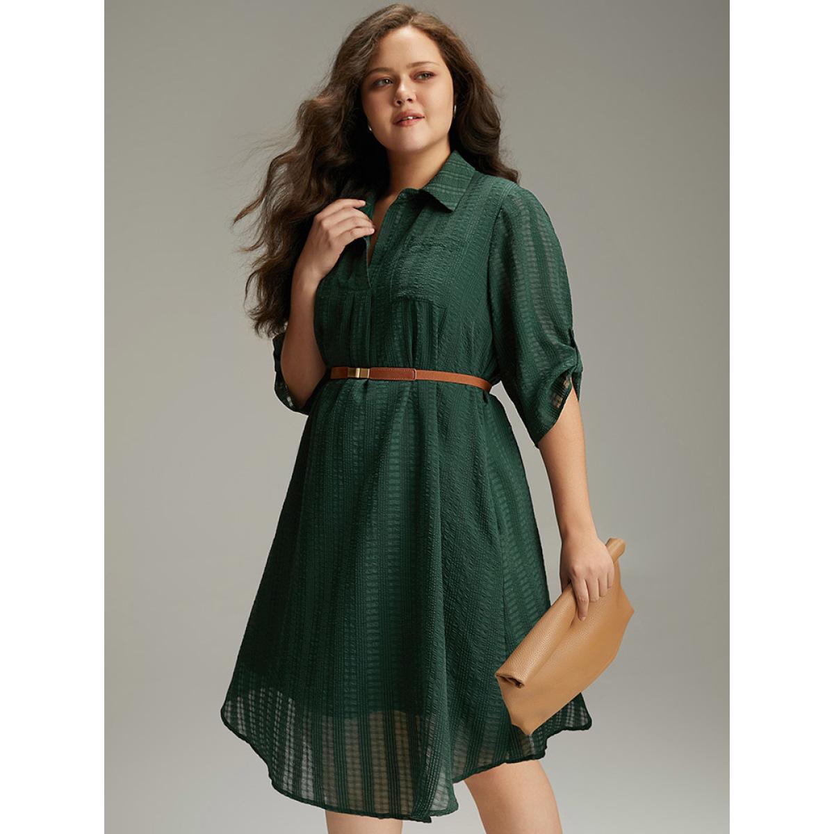 Plus Size Solid Textured Pocket Tab Sleeve Arc Hem Dress Cyan Women Office See through Shirt collar Elbow-length sleeve Curvy Knee Dress BloomChic 18-20/2X Product Image