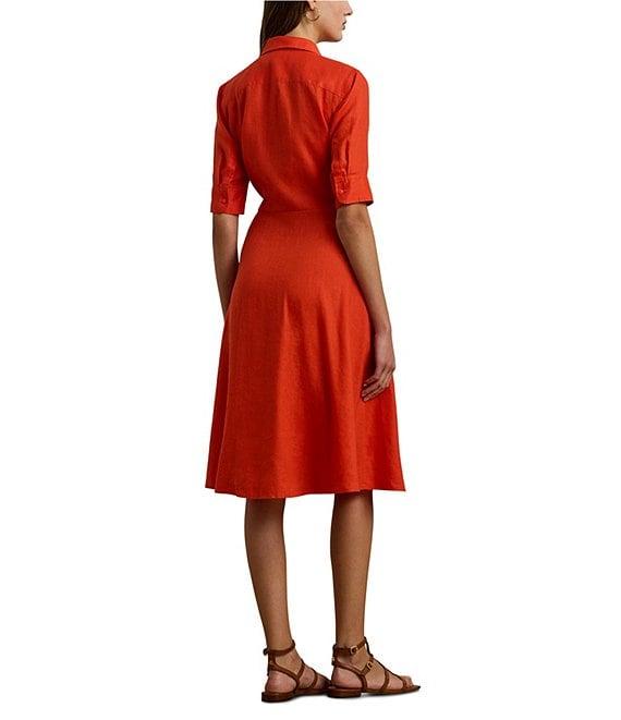Lauren Ralph Lauren Linen Point Collar Elbow Sleeve Self Tie Button Front Fit-And-Flare Shirt Dress Product Image