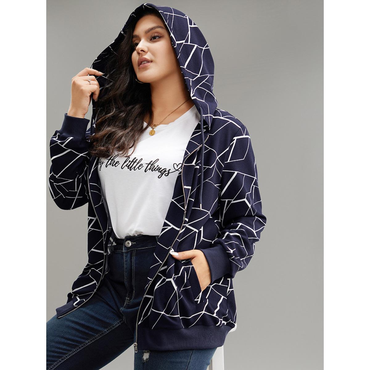 Plus Size Geometric Zipper Hooded Drawstring Sweatshirt Women Midnight Casual Printed Hooded Dailywear Sweatshirts BloomChic 28/5X Product Image