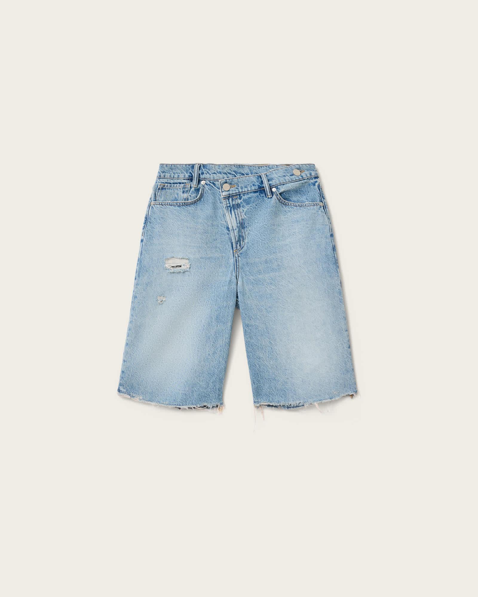 Aki Crossover Wide Leg Denim Shorts DESTROY LIGHT BLUE | ALLSAINTS US Product Image
