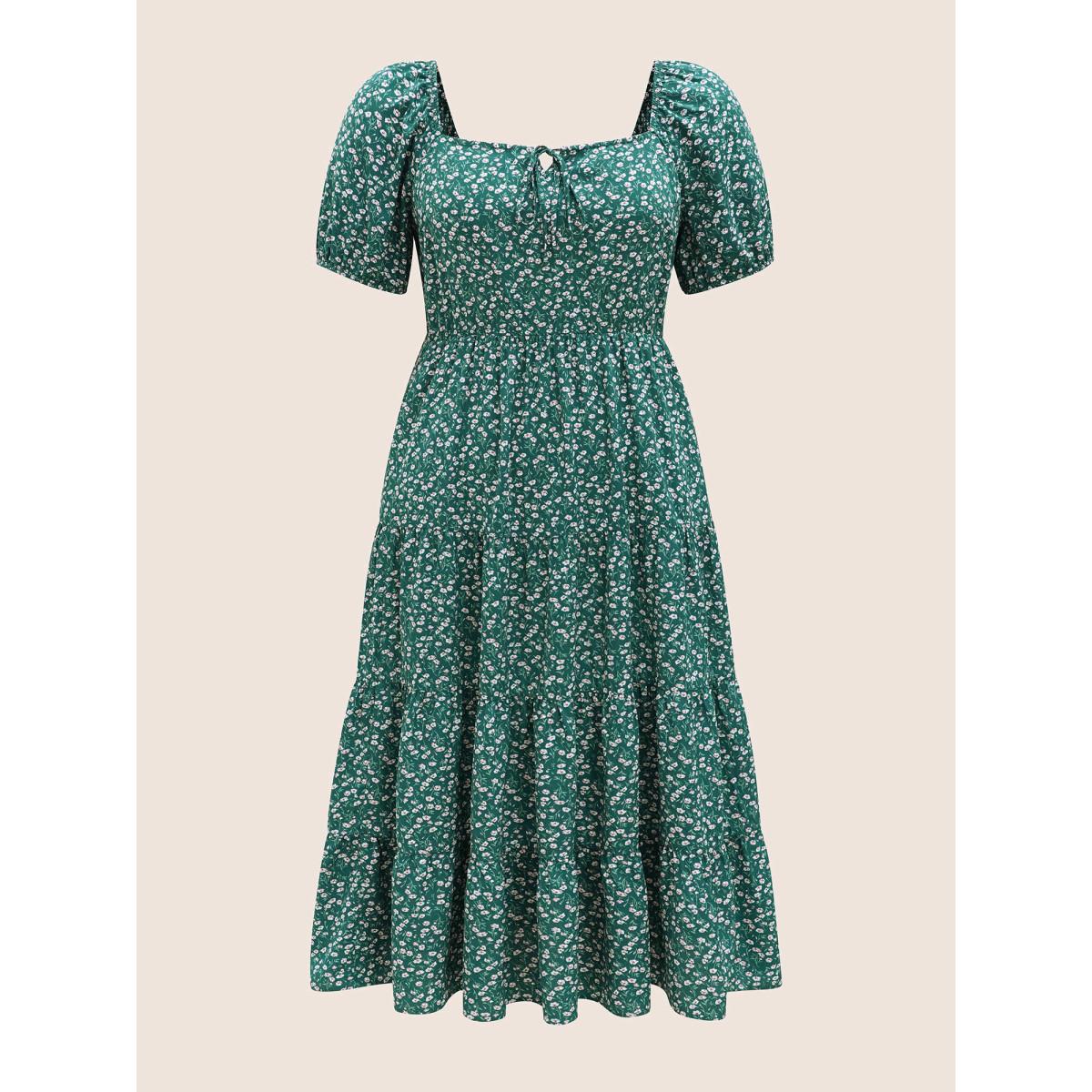Plus Size Ditsy Floral Tie Knot Gathered Dress Teal Women Elegant Tie knot Square Neck Short sleeve Curvy BloomChic 26/4X Product Image